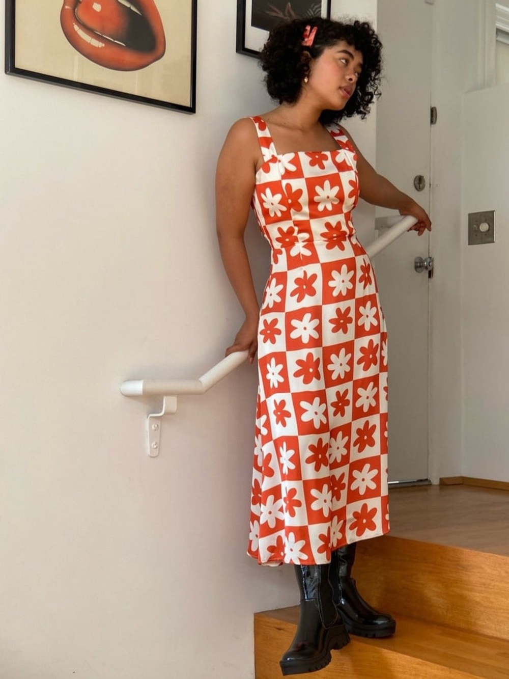 Lisa Says Gah Sloane Midi Slip Dress in Red Daisy Check